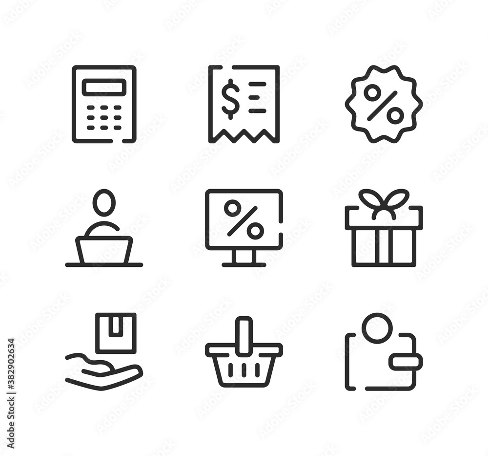 Poster online store line icons set. modern graphic design concepts, black stroke linear symbols, simple out