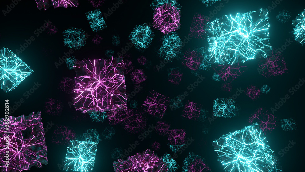 Canvas Prints flying in space with rotating neon cubes. 3d illustration