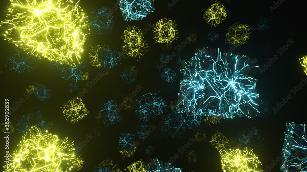 Canvas Prints flying in space with rotating neon cubes. 3d illustration