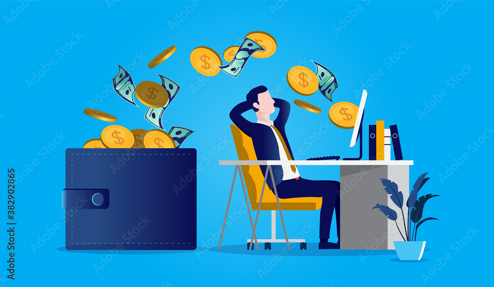 Poster Businessman getting paid - Man sitting in front of desk while money pouring out of his computer and in to his wallet. Earning money on internet, online hustle and passive income concept. Vector format