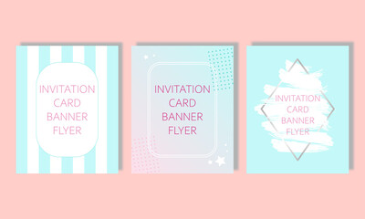 set for greeting cards invitations covers flyers booklets banners in blue. Birthday, wedding, event. Background with stripes and abstraction.