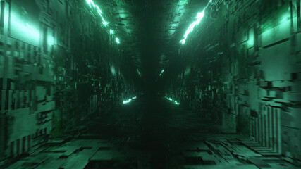 Endless flight in a futuristic metal corridor with neon lighting. Technology and future concept....