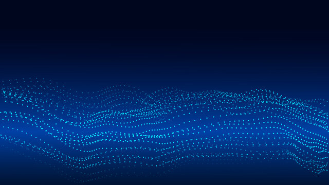 Wave of particles on dark background. Technology backdrop. Pattern for presentations. Vector illustration