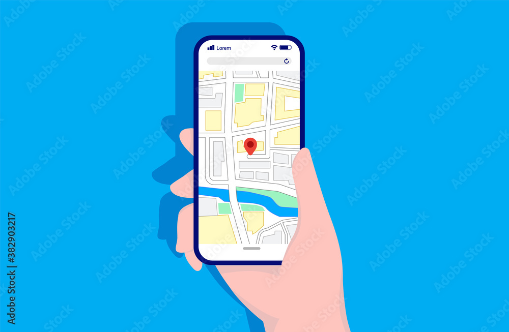 Poster Map on smartphone - One hand holding up a phone with maps on screen. Finding directions, and map application concept. Vector illustration.