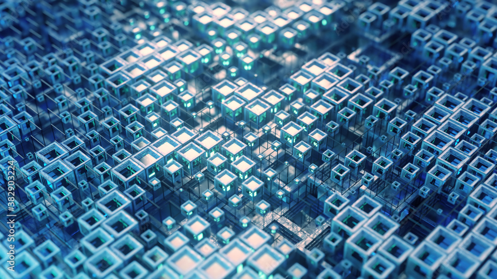 Poster 3d illustration of colorful glass rows of cubes floating through the prog in 4k, creating an abstrac
