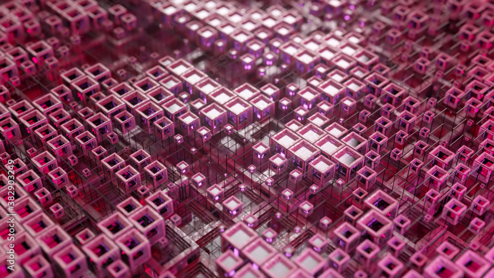 Poster 3d illustration of colorful glass rows of cubes floating through the prog in 4k, creating an abstrac