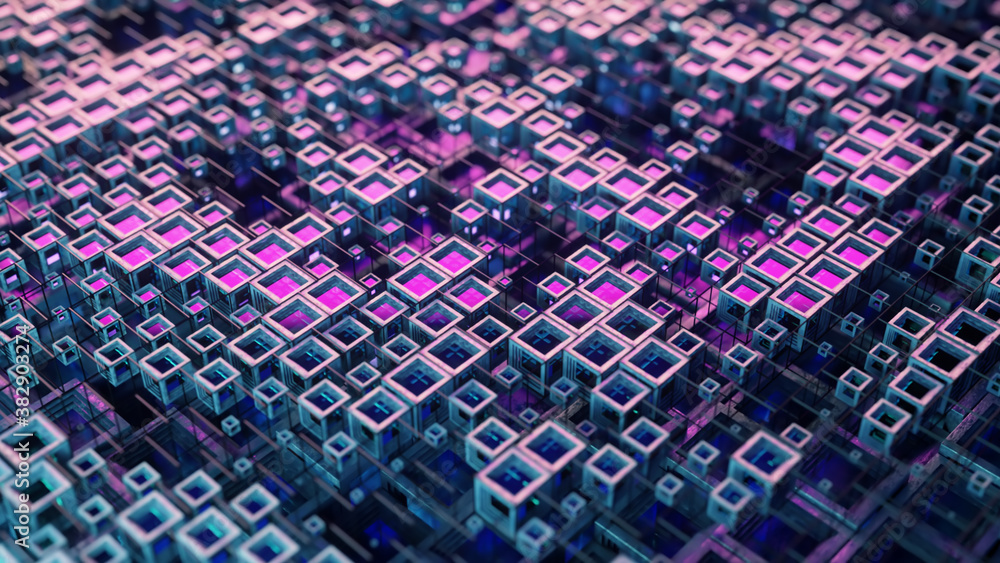 Poster 3d illustration of colorful glass rows of cubes floating through the prog in 4k, creating an abstrac