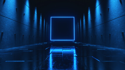 Endless flight in a futuristic dark corridor with neon lighting. A bright neon square in front. 3d illustration