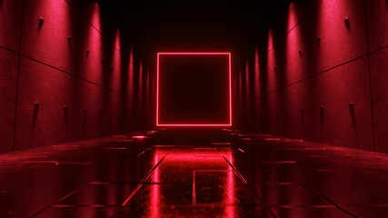 Endless flight in a futuristic dark corridor with neon lighting. A bright neon square in front. 3d...