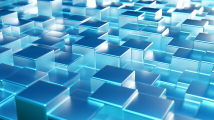 Abstract blue metallic background from cubes. Wall of a metal cube. 3d illustration