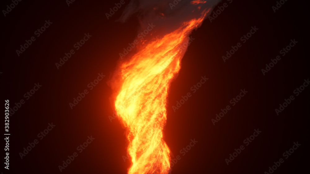 Sticker fire tornado, bright explosion with black clouds, smoke. fire wall, intense fuel burning. 3d renderi