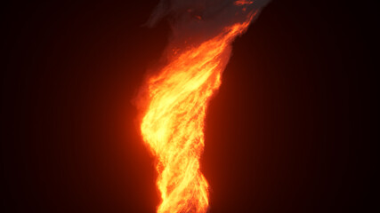 Fire tornado, bright explosion with black clouds, smoke. Fire wall, intense fuel burning. 3D...