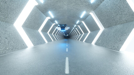 Futuristic long tunnel with flying cars. Robots in the driver's seat. Artificial intelligence and...