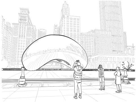 Hand drawn illustration in Chicago, IL, of tourists taking pictures of landmarks, downtown in the Loop.