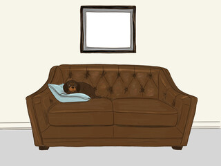 Mock up with a blank frame on a wall. Hand drawn illustration. Cute dog sleeps on a leather sofa against a white wall background.