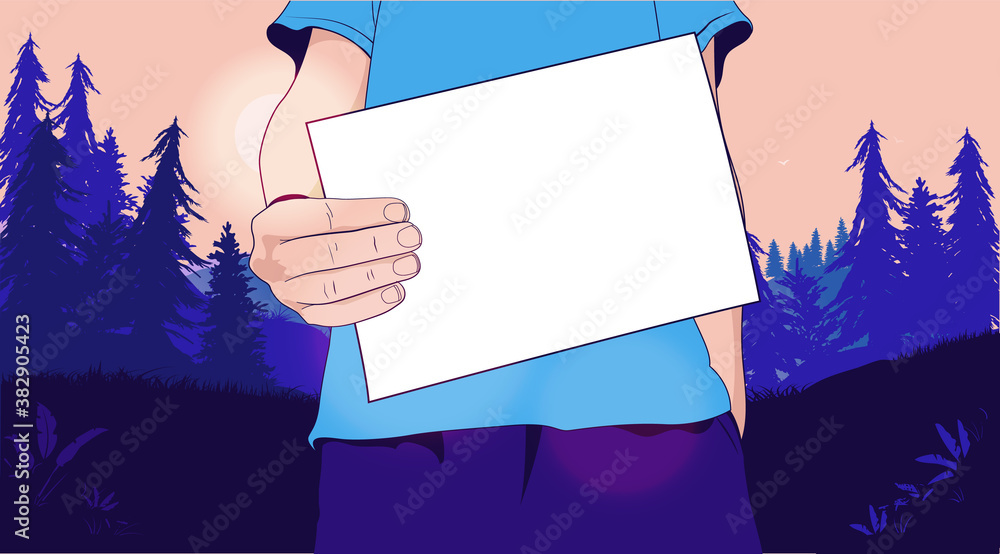 Poster Man holding blank paper poster in hand with copy space to write you own message or text. Vector illustration.