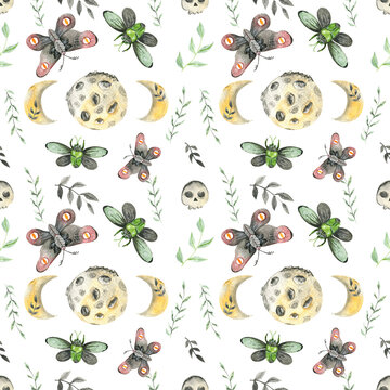 Watercolor seamless pattern with moon butterflies and skulls. mystical style. Halloween. ideal for printing on fabric, wrapping paper.