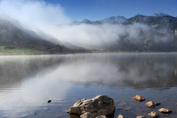 Lake Ercina with fog, in Covadonga, Asturias Spain