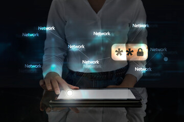 Business woman works on digital screen about Password system