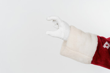 Santa Claus shows the size with his fingers. Isolated background