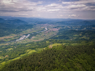 Drone view of river Drina near Ljubovija, border of Serbia and Bosnia Herzegovina