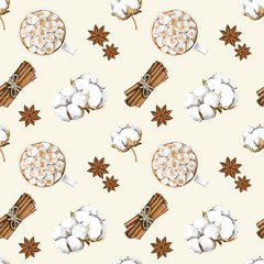 Winter seamless pattern with hand drawn hot drinks and spices. Cozy Christmas background with hot chocolate, coffee, cappuccino, cinnamon, anise and cotton flowers