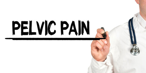 Doctor writes the word - PELVIC PAIN. Image of a hand holding a marker isolated on a white background.