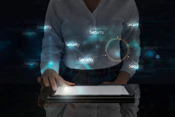 Business woman works on digital screen about Internet security