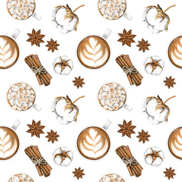 Winter seamless pattern with hand drawn hot drinks and spices. Cozy Christmas background with hot chocolate, coffee, cappuccino,, cinnamon, anise and cotton flowers