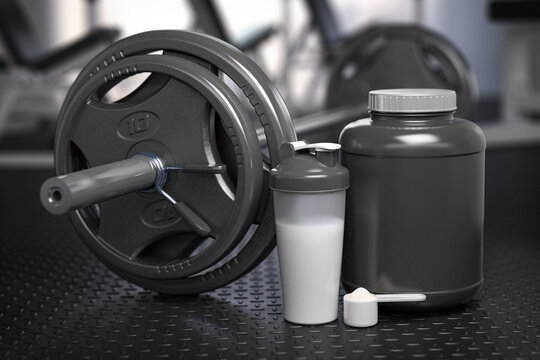 Whey protein can with barbell and shaker on the floor of gym. Mock up. Sports bodybuilding supplements and nutrition.