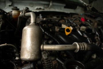 car air conditioner inside, open up car engine and car's part at Service station.