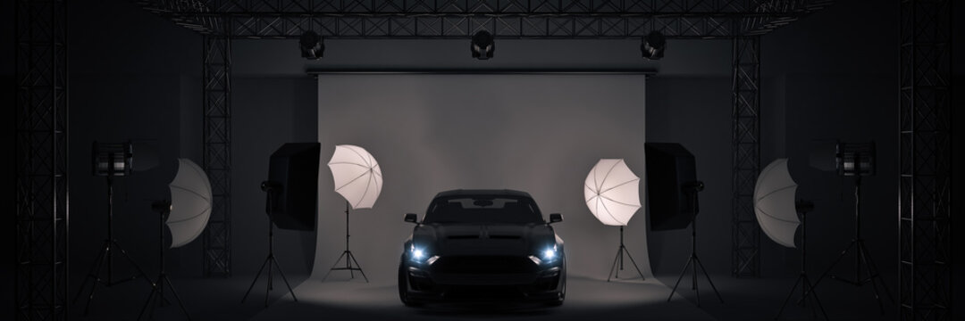 photo studio with sports car. 3d rendering	
	
