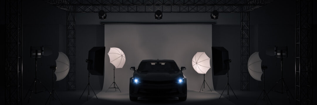 photo studio with sports car. 3d rendering	
	
