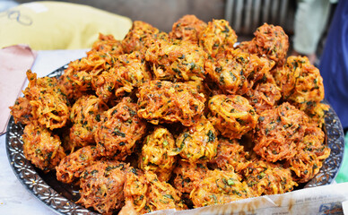 Street junk food closeup view at Dhaka: famous delicious iftar item vegetable fry