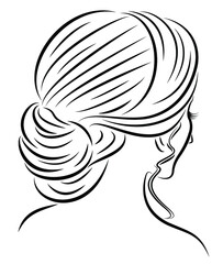 Silhouette of the head of a cute lady. The girl demonstrates her hairstyle stoves for long and medium hair. Suitable for logo, advertising. Vector illustration.