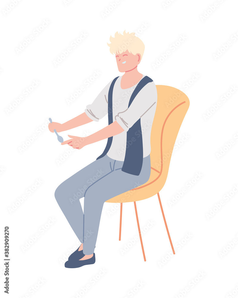 Poster young man with cute hair sitting on a chair