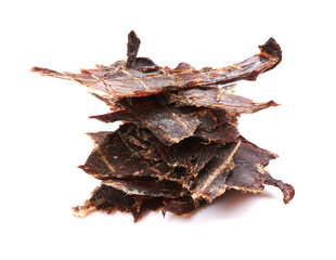 Beef jerky pieces on white