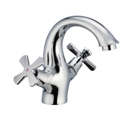 Two handles kitchen mixer metal faucet, modern design. Long spout