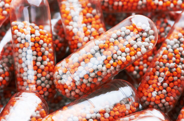 Capsules pill close up. Pharmaceutics