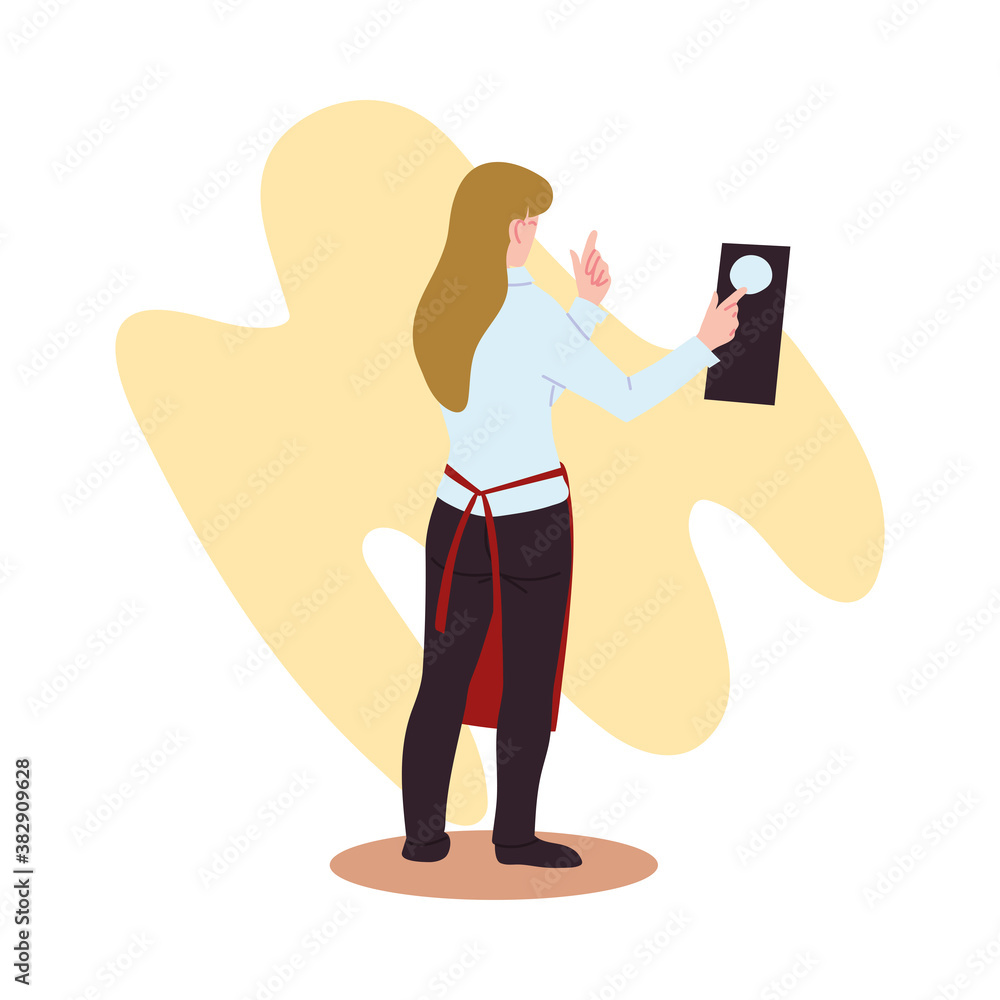 Poster waitress with uniform and menu in hand on white background