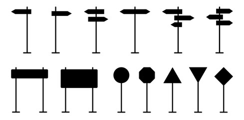Set of signpost icons. Set of isolated traffic signs. Road signs indicating the direction of travel. Direction arrows. Vector