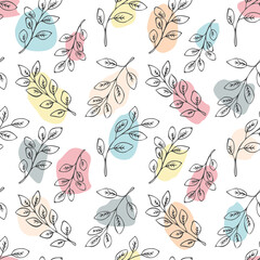 Modern abstract seamless vector floral pattern with shapes and color spots in trendy colors.