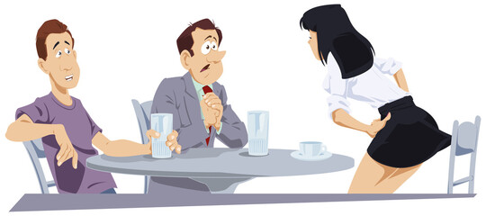 Friends quarrel in cafe. Illustration for internet.