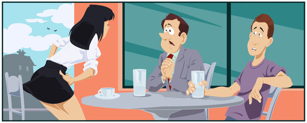 Friends quarrel in cafe. Illustration for internet.