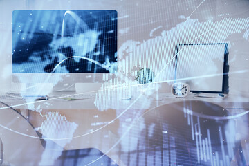 Multi exposure of stock market chart drawing and office interior background. Concept of financial analysis.