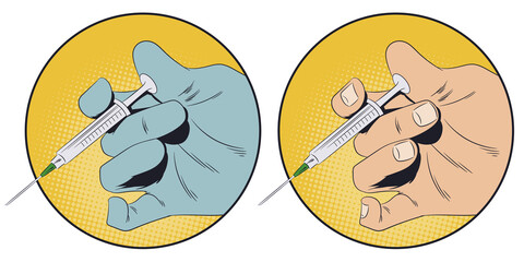 Doctor hand press syringe ready to inject. Stock illustration.