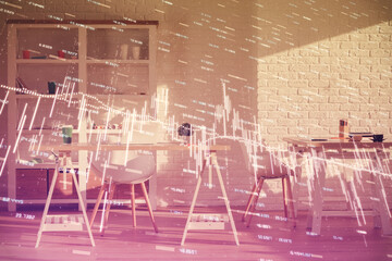 Double exposure of financial graph drawing and office interior background. Concept of stock market.