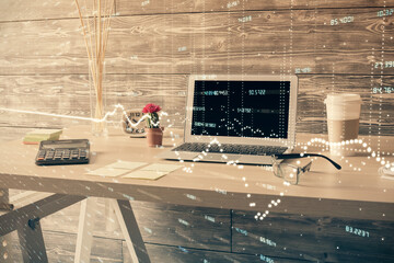 Double exposure of financial graph drawing and office interior background. Concept of stock market.