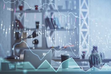 Double exposure of stock market graph drawing and office interior background. Concept of financial...