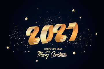 New Year banner with golden numbers 2021. Shining luxury design. Vector illustration. Happy New Year and Merry Christmas 2021 template for poster, postcard, greetings.